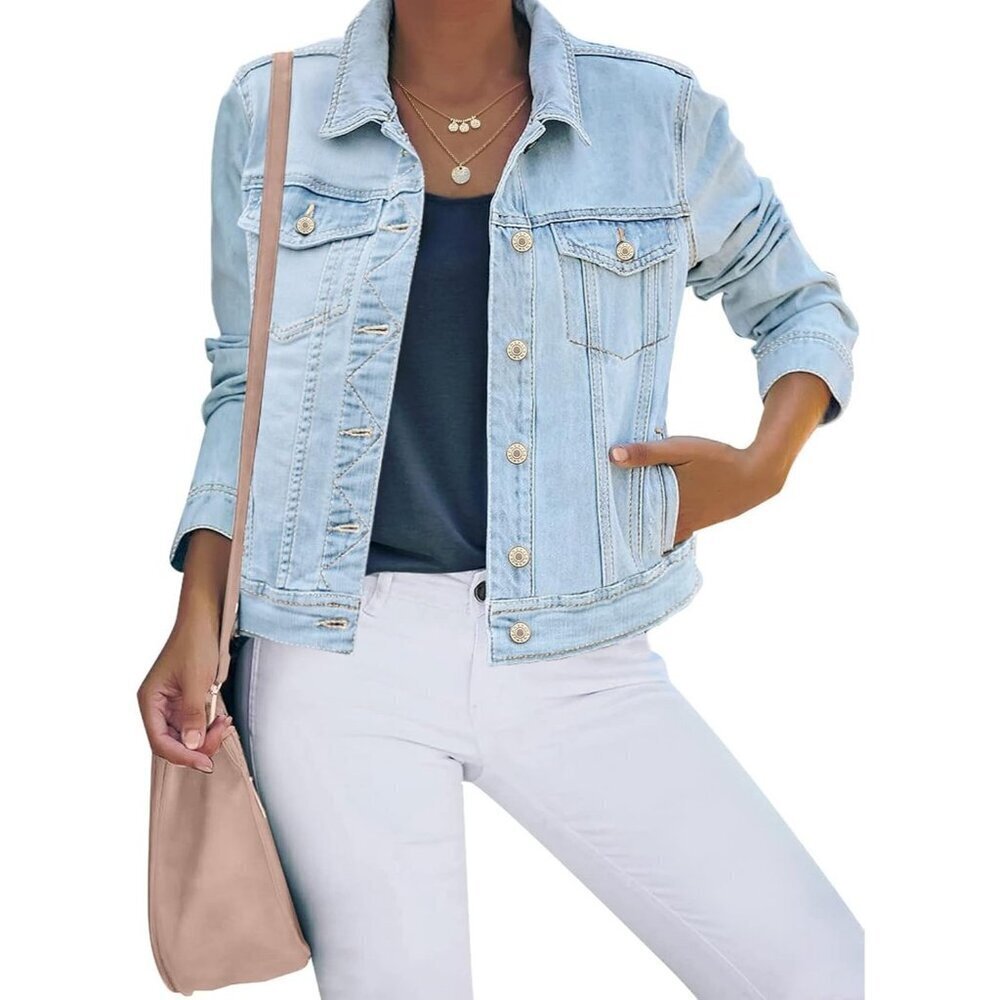 Women's Button Down Stretch Fitted Long Sleeves Denim Jean Jacket Light Blue